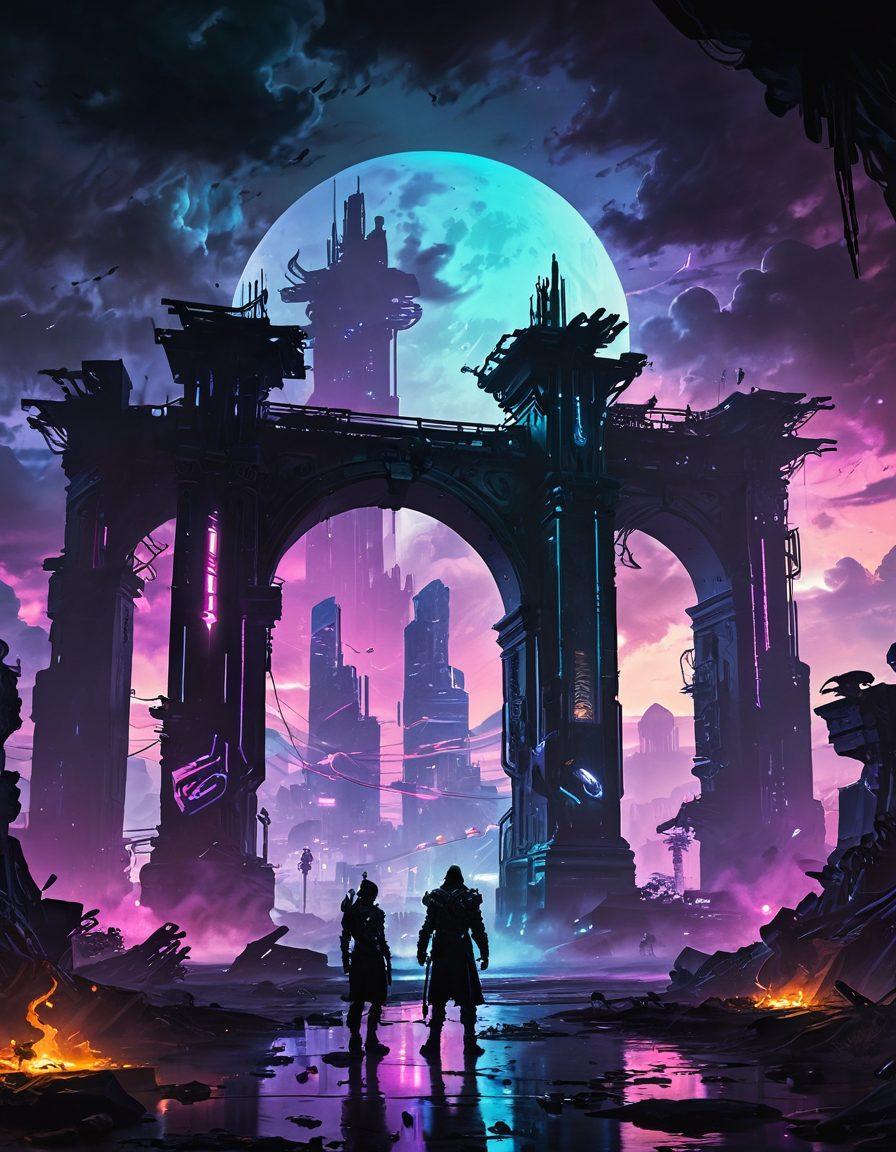 A mysterious, shadowy landscape filled with ancient ruins and luminous portals leading to different gaming realms. Silhouetted figures in futuristic armor reflect a blend of fantasy and cyberpunk aesthetics, wielding glowing weapons. Dark clouds swirl overhead, with hints of vibrant neon colors accentuating the ambiance. Elements like gaming controllers and skulls subtly embedded in the architecture create a cohesive theme. digital art. cyberpunk. vibrant colors.