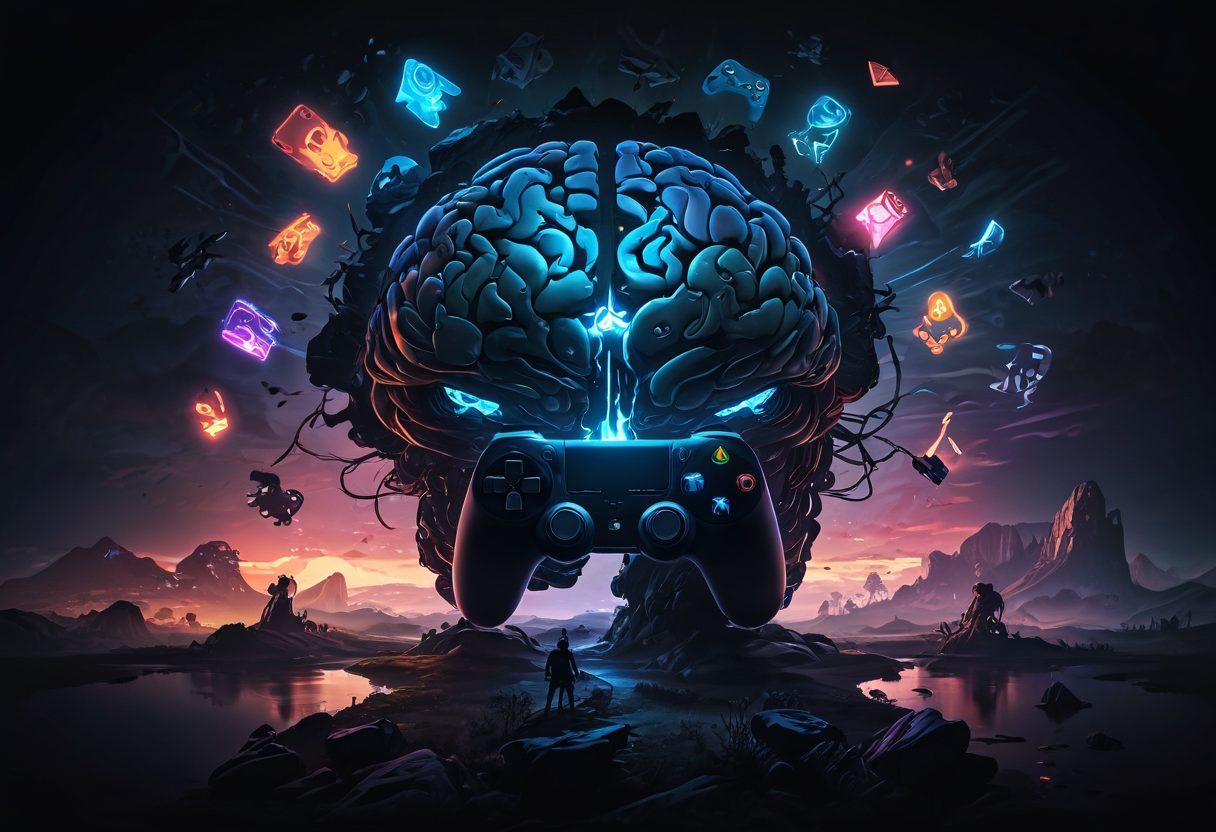 A dark and mysterious landscape filled with gaming icons like controllers and characters emerging from shadows, with a glowing path leading through it. Ethereal light showcasing the contrast between light and dark, symbolizing entertainment trends. An abstract representation of a brain with gaming elements to signify deep thought. super-realistic. vibrant colors. atmospheric lighting.